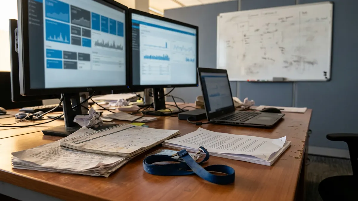 An enterprise IT desk with dashboard tiles on two monitors and a whiteboard behind — AI-901.