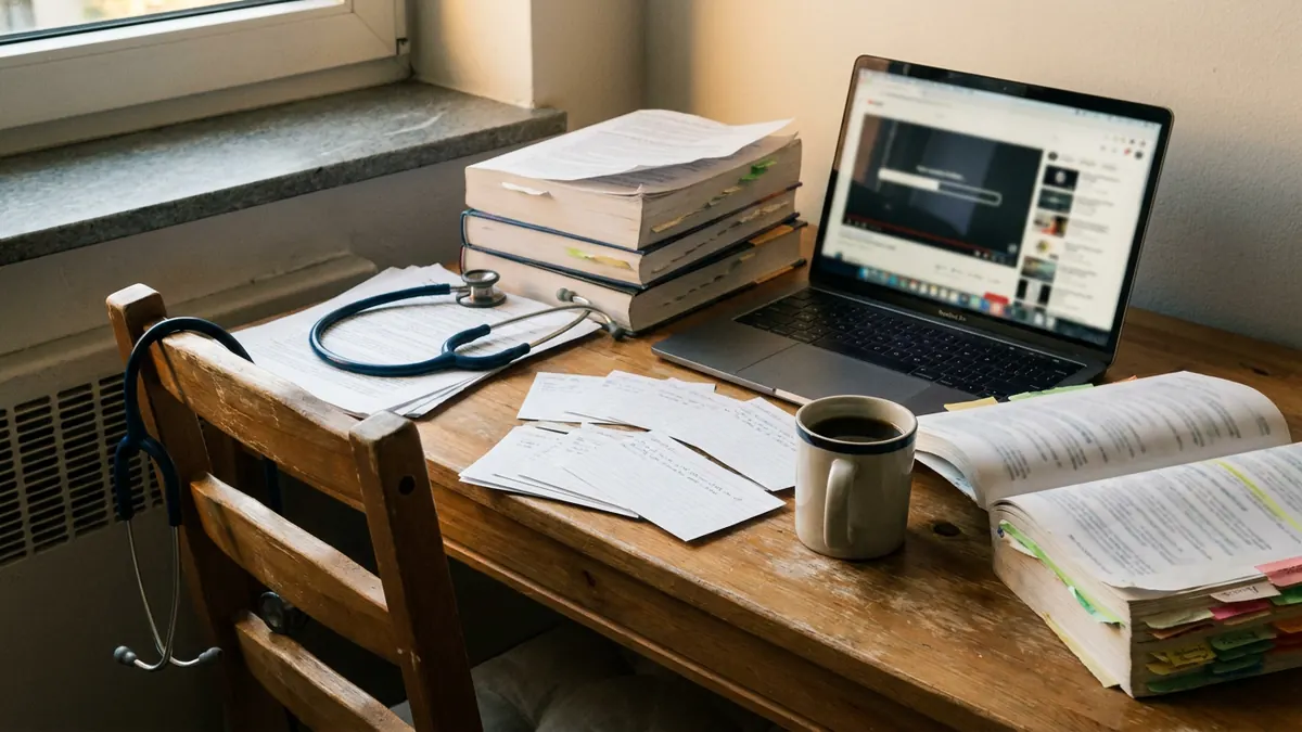 A nursing student's table with a tabbed review manual, index cards and a stethoscope — NCLEX-RN.