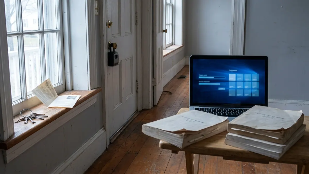 The sunlit entry hall of an empty staged house with a lockbox on the door handle — New York Real Estate Salesperson.