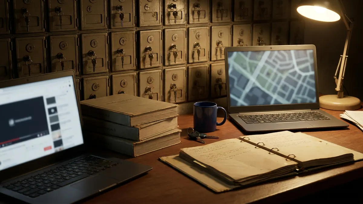 A brokerage office with a wall of lockboxes, an open listing binder and a laptop map view — Texas Real Estate Sales Agent.