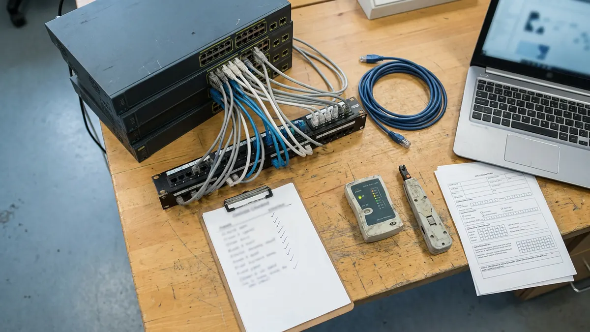 A network lab bench with stacked switches, colour-coded patch cables and a console cable — CCNA.