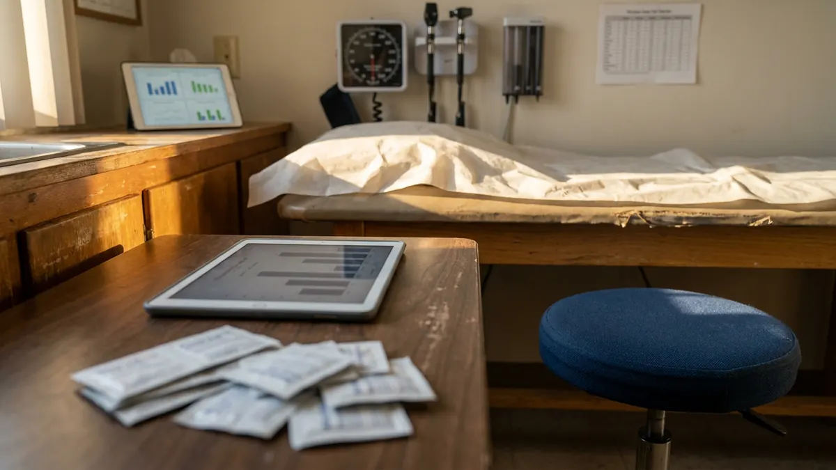 A clinic exam room with a rolling stool, a wall sphygmomanometer and a fresh paper drape — CMA (AAMA).