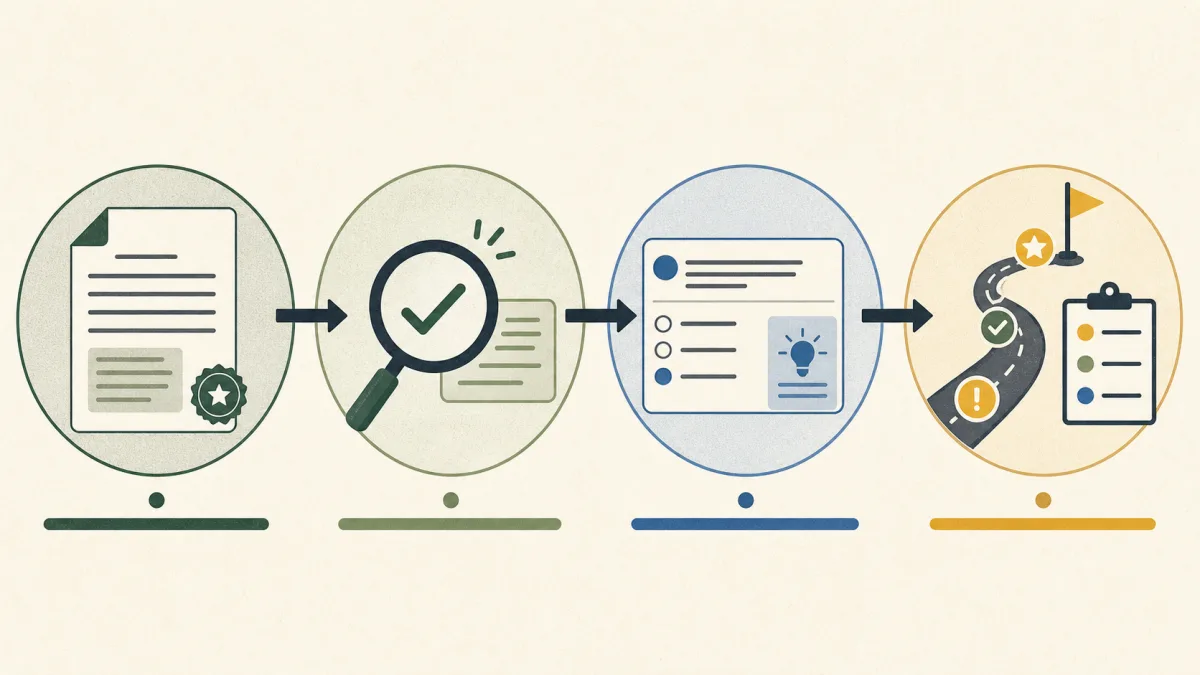 Four-stage infographic showing an official source, a verified fact, an original practice question, and a learner roadmap.