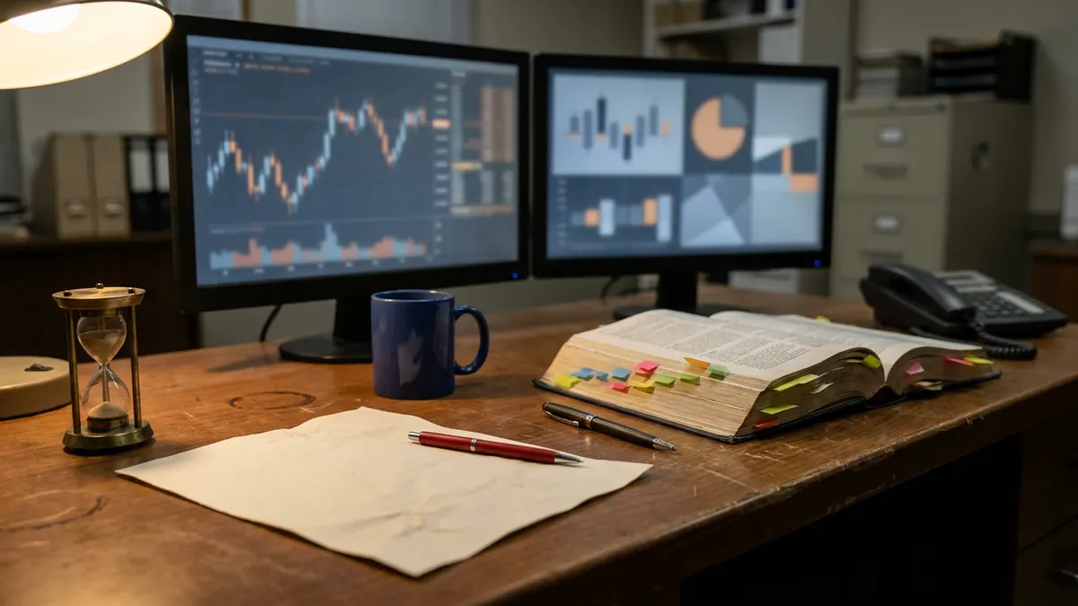 A face-down sheet, a red pen and a half-run hourglass on a compliance desk with market charts — SIE.
