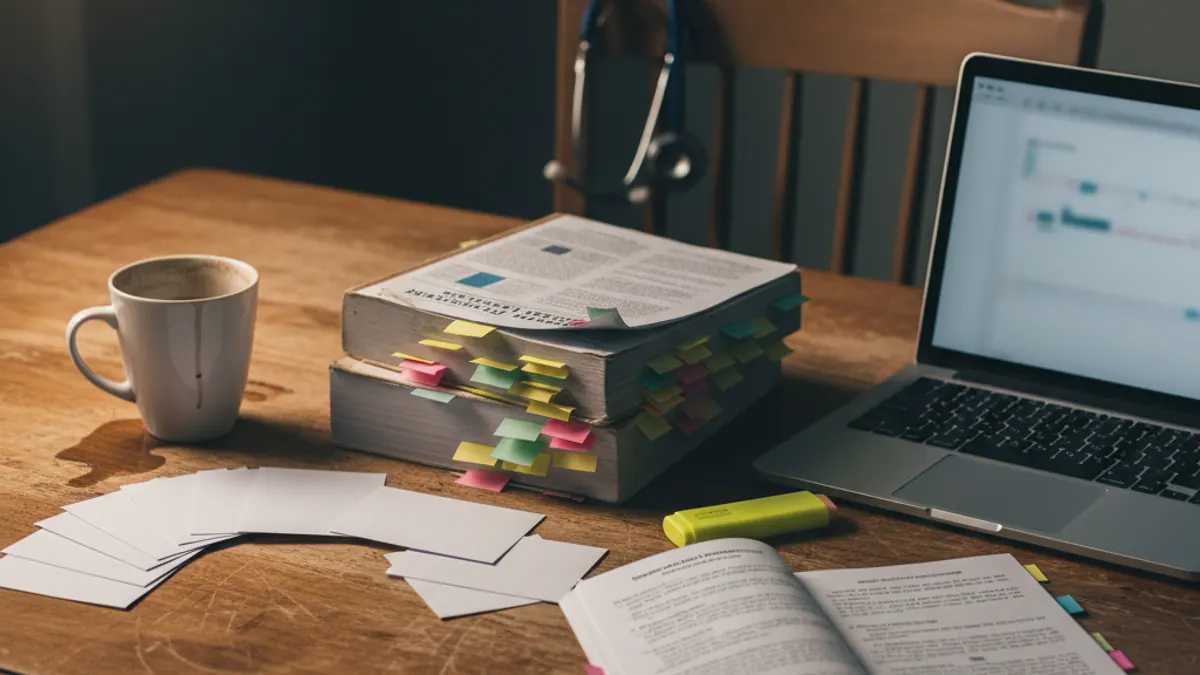 A nursing student's table with a tabbed review manual, index cards and a stethoscope — NCLEX-RN.