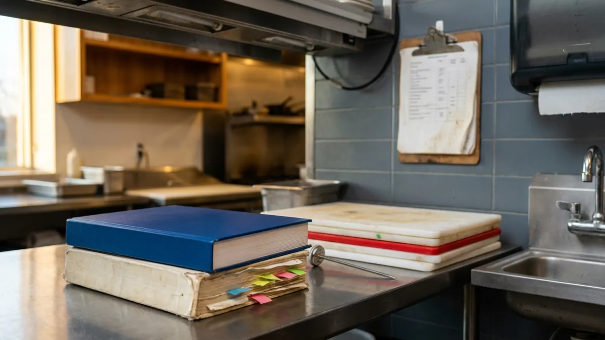 A new deep-blue textbook stacked on a worn, flag-marked older edition on a restaurant service line — ServSafe Manager.
