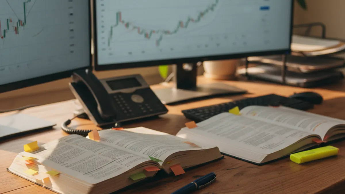A compliance desk with market charts and a flagged regulatory rulebook — SIE.