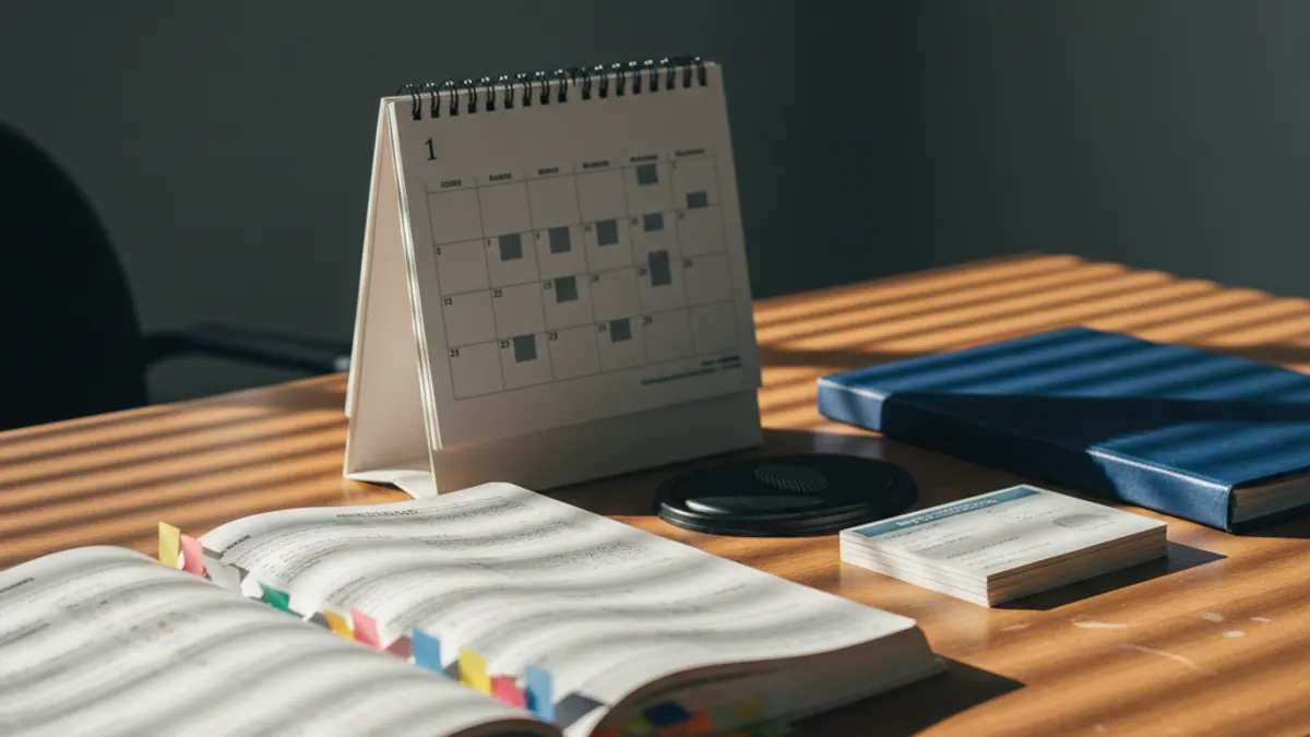 A tab-flagged candidate handbook, a desk calendar and a blue folder on a desk — securities licensing exams.