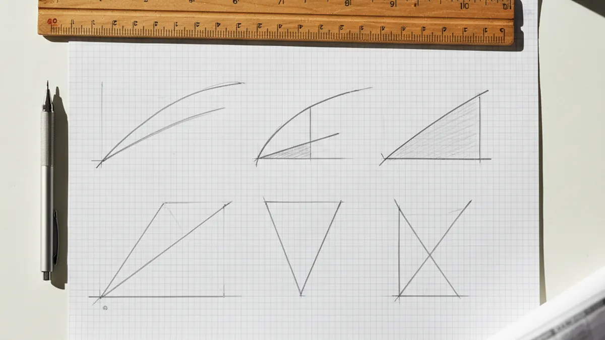 Graph paper with pencil-drawn payoff curves, a ruler and a mechanical pencil on a desk — Series 7 options strategies.